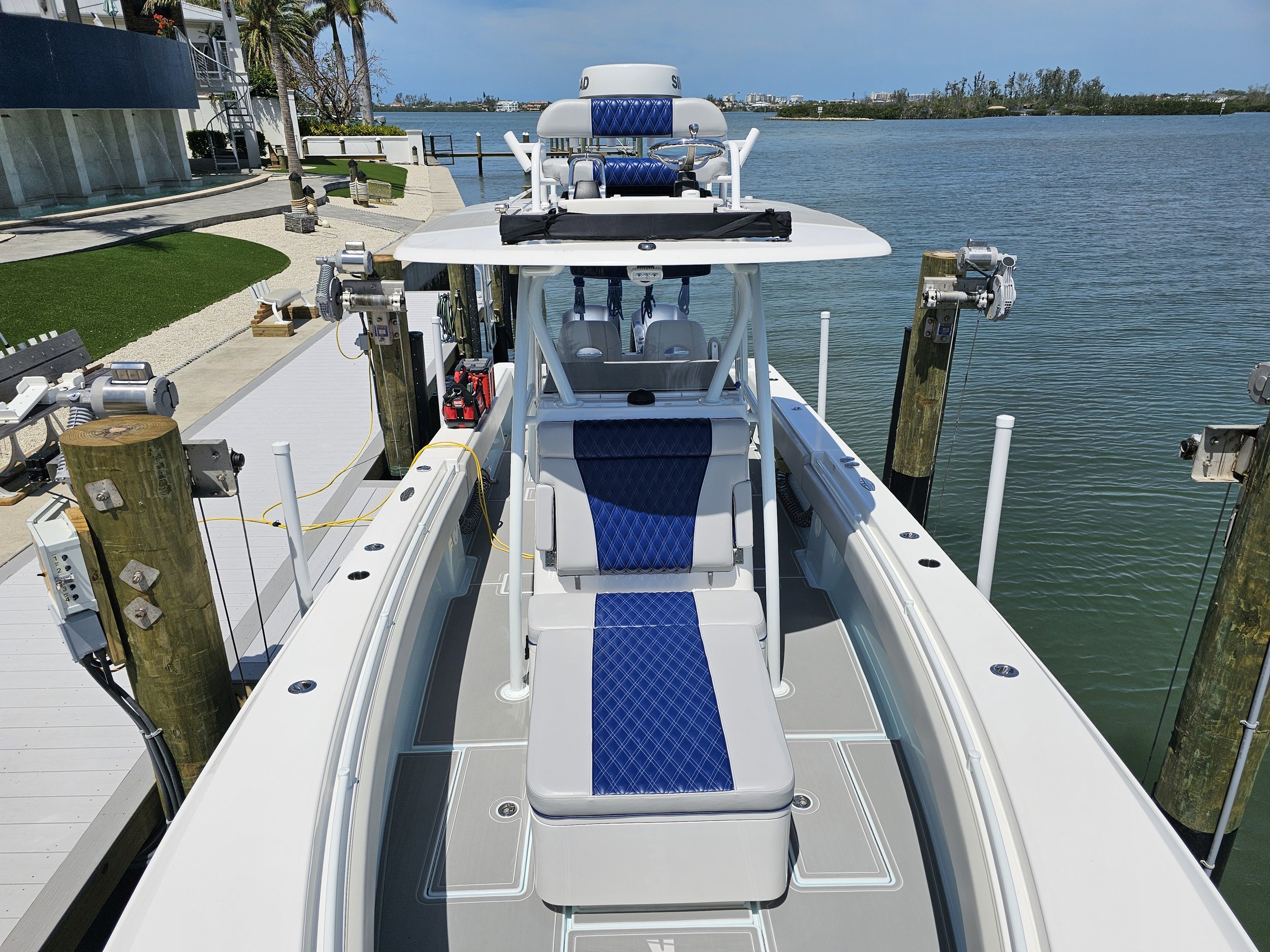 Custom marine upholstery on a Contender boat